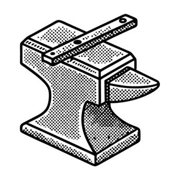 Vintage blacksmith anvil illustration with dotted shading and measuring ruler on top, retro workshop tool design vector