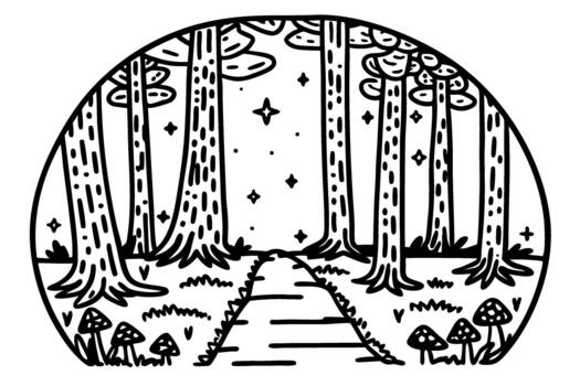 Enchanting forest path with tall trees, mushrooms and sparkling night sky in whimsical line art vector