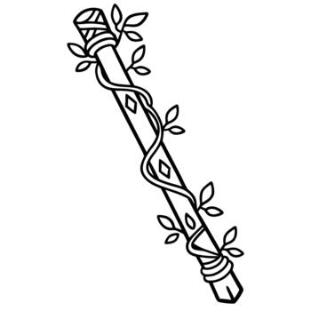 Enchanted magic wand with nature vines fantasy stick wrapped in leafy stem, wizardry spell casting tool vector