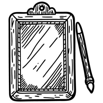 Clipboard with blank paper sheet and pen, hand drawn sketch of writing and note taking tool vector