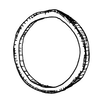 Black and white illustration of a single onion ring with textured outer layers. Detailed line work makes it suitable for ingredient sets, burger graphics, salad themes and pizza toppings vector