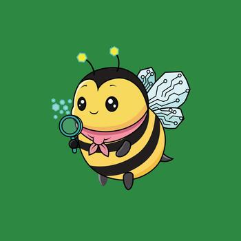 A cheerful bee character features yellow and black stripes, translucent wings, and holds a magnifying glass, blending nature with technology in a fun and engaging way. vector