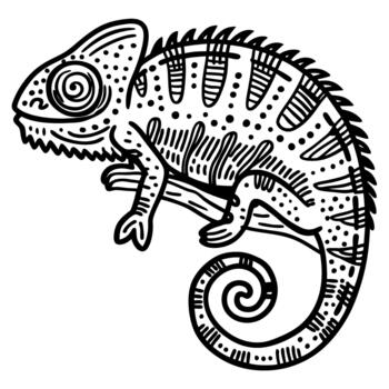 Hand drawn chameleon illustration decorative reptile outline with curled tail and intricate patterns vector