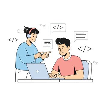 Flat design 2D illustration of programmers working together on a laptop vector