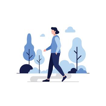 Flat 2D person walking in park surrounded by stylized trees and clouds vector