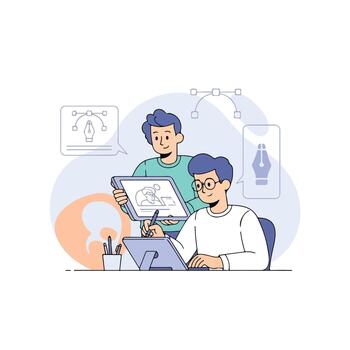 Flat 2D Activity Two Graphic Designers Collaborating on a Digital Illustration vector