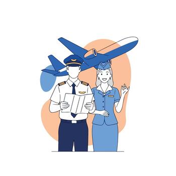 Pilot and flight attendant standing in front of an airplane, ready for a flight vector