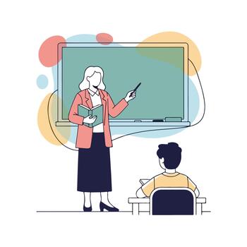 Flat 2D illustration of a teacher instructing a student at a blackboard during a lesson activity vector