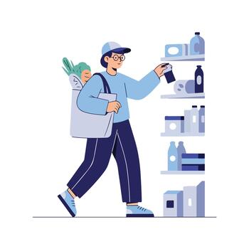 Man with grocery bag and shopping cart at store vector