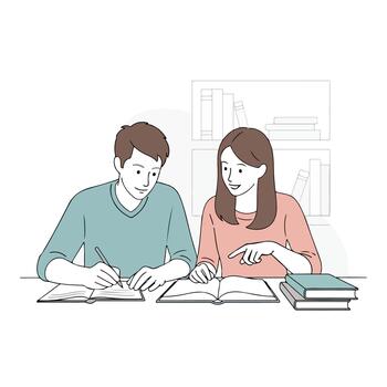 Two students studying together at a desk with books and notebooks vector