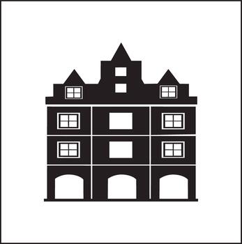 Classic european building facade with multiple windows and arched entrances silhouette vector
