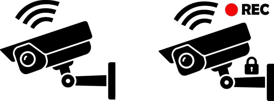 Two security camera icons showing recording and wireless connectivity silhouette vector