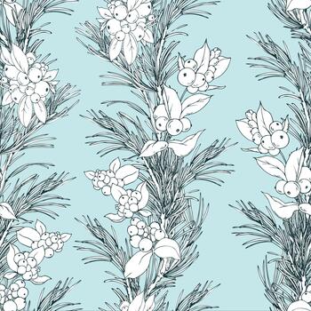 Seamless pattern with pine branches and snowberries. Graphic line art illustration hand-drawn with pen and ink in monochrome. Christmas, winter, and New Year s print on a blue background. vector