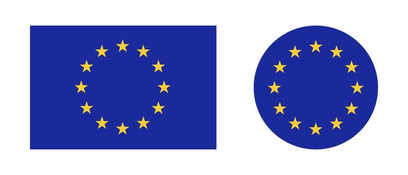 Set of European Union rectangular, round flag. Flag of EU collection, yellow stars on blue circle, rectangle. European Union flag flat push button, badge, backdrop. vector