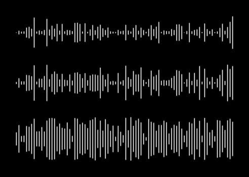 Voice message template set. Equalizer symbols. Audio chat speech sound wave white icons. Flat Elements for mobile messenger, podcast online radio interface, music player, app. Waveform simple patterns vector