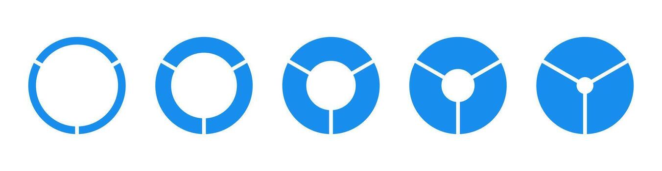 ruedas redondo dividido en Tres igual secciones. conjunto de diagramas infografía icono. circulo sección grafico patrones. tarta gráfico azul maquetas rosquilla gráficos, pasteles segmentario en 3 igual partes. geométrico elementos vector