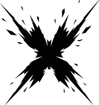 Abstract black X shape with sharp edges and scattered fragments. vector