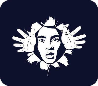 Man's face and hands bursting through a dark ripped opening in a surface illustration vector