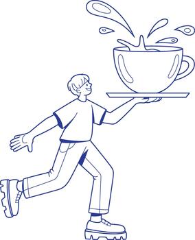 Person running with a tray holding a splashing cup of coffee on a white background. person, running, man, tray vector