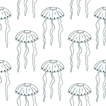 Seamless pattern of blue jellyfish with flowing tentacle on a white background in line art style. Ideal for ocean marine and underwater card design. vector