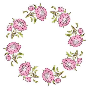 Peony spring flower wreath in a flat style. Ideal for botanical design, greeting card, textile and spring art isolated on white background. vector