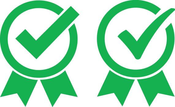Green checkmark badges with ribbons symbolizing quality assurance and approval, isolated on white background vector