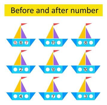 Math activity for kids. Before and after number. Developing numeracy skills. Number range up to 10. illustration. vector