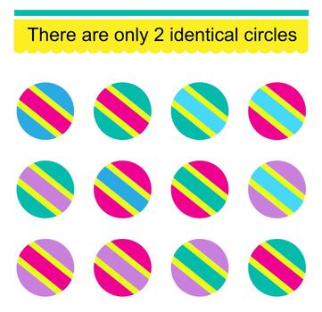 divertido rompecabezas juego para niños. necesitar a encontrar dos idéntico círculos tarea para desarrollo de atención y lógica. . vector