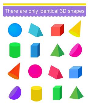 Fun puzzle game for kids. Need to find two identical 3d shapes. Task for development of attention and logic. illustration vector