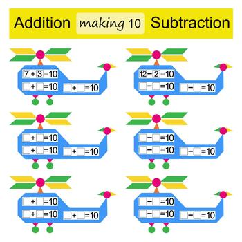 Mathematical puzzle game for kids. Addition and Subtraction. Making 10. vector