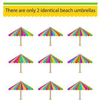 Logical game for children. Need to find two identical beach umbrellas. Visual intelligence. illustration vector