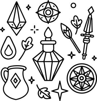 Fantasy Alchemy Magic Symbols and Objects Line Art vector