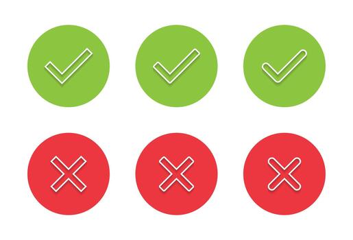 Check mark and cross outline icon with long shadow. Tick and X symbol vector