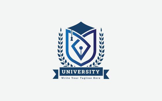 Blue University Shield Logo with Pen Nib and Laurel Wreath vector