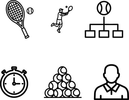 Tennis sport outline icon set featuring a racket player ball time management a pyramid of balls and a faceless player character design ready for various projects vector