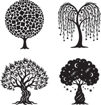 Four trees with different designs and shapes vector