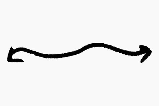 Freehand doodle arrow with charcoal shading and subtle grain, hand drawn symbol for informal diagrams, marker line with loose curved motion. vector