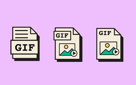Animated GIF file icons with image and symbols in retro vaporwave style. Nostalgic media format icons with play button for digital design, app interface, or creative project. illustration vector