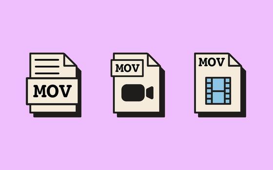 Mov file icons with camera and film strip symbols in retro vaporwave style. Nostalgic format icons for media editing, digital content creation, app interface design. illustration. vector