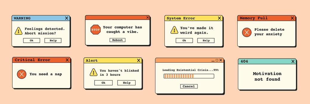 Retro vaporwave error popups and funny alert windows. 90s style surreal system dialog boxes with text and pastel UI elements. Flat Style Illustration. vector