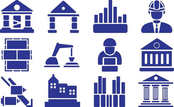 Blue solid icon set construction, architecture, engineering symbols and image. vector