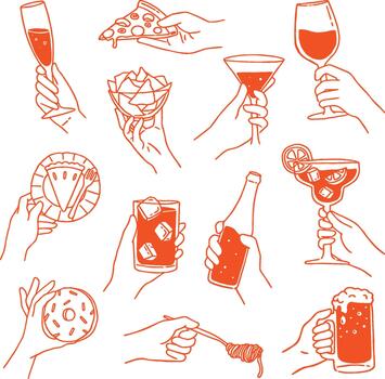 Red Line Style Hand Holding Various Food and Drink Items in Minimal Line Art for Modern and Casual Concepts vector