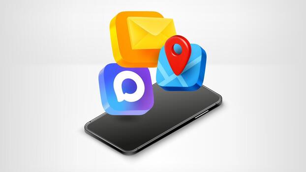 Mobile application buttons with modern smartphone. 3d illustration vector