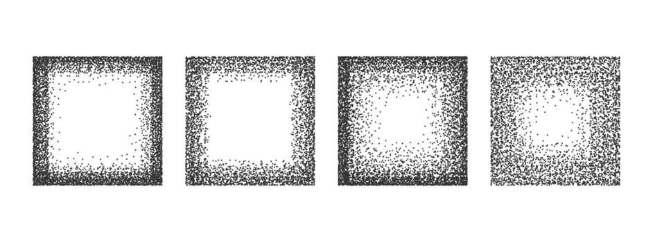 Dotwork noise gradient black square frames set isolated on transparent background. Sand stipple grain noise effect patterns set. Abstract grunge gradients made of dots collection. vector