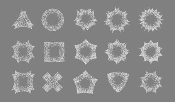 Sand Dot Grain Stippled Dotted Noise Elements Set. Dirty Dust Spray Splattered . Grunge Sprinkle Dotwork Texture Gradient Stain Geometric Figures. Splash of White Dots y2k Design Spots Bundle vector