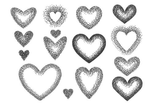 Sand noise grain heart shapes set. Dot gradient figure icons. Geometry chaotic dotted halftone gradation texture effect. retro stickers, y2k grange design elements made of perfect round dots vector
