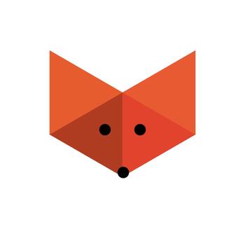 A flat geometric fox face in bright orange with triangular shapes and small dark eyes, combining minimal style and animal charm to represent cleverness, energy, and modern digital art. vector