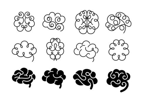 Human brain icon. Brain side view and up view. Negative space collection. Simple ornament in Brain on white background. Hand drawn minimalism style. vector