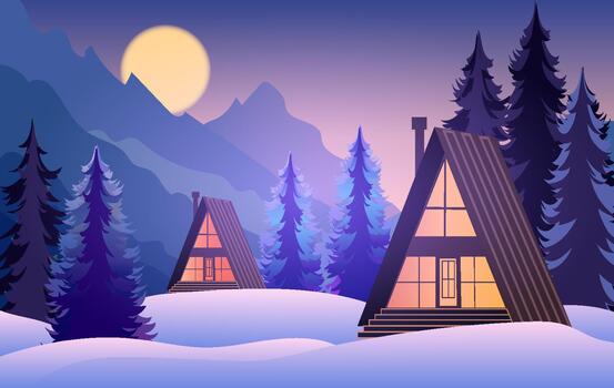 Two charming cabins are nestled in a snowy landscape surrounded by tall evergreen trees. The serene winter night is illuminated by a full moon casting a soft glow over the scene vector