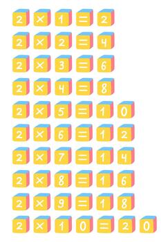 Multiplication table chart on block toy for kids. Educational materials. Number two multiply. vector